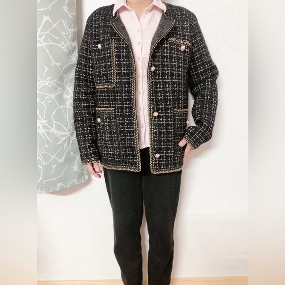 Plaid Faux Pearl Button Tweed Jacket/ Knitting Cardigan - Picture 3 of 10